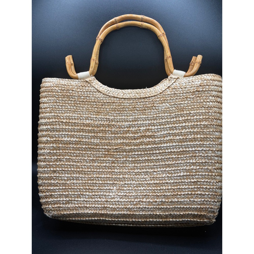 Cappelli Straworld Scottie‎ Dog Beaded Straw Tote Bag Bamboo Handle Tan Pink - Picture 6 of 10